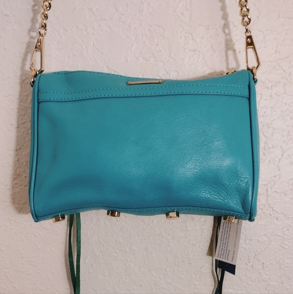 Rebecca Minkoff Mini MAC Aqua Teal Leather Crossbody Bag Chain Strap Tassel Bag - Picture 12 of 17